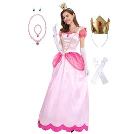 plaherwoly Princess Peach Costume Adult Super Borthers Costume Women With Accessories Pink Small