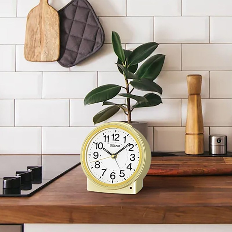 Seiko QHE199GLH Round Classic Non Ticking Bedroom Alarm Clock, Gold,