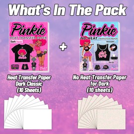 Lovein Pinkie Iron on Transfer Paper for Inkjet Printer & No Heat Transfer Paper for Dark T Shirts (Mix Pack, 10 Sheets, 8.5x11) Heat Transfer Paper & Printable Heatless Transfer Vinyl for Dark