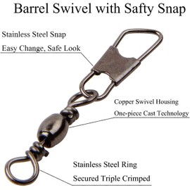 AGOOL Fishing Snap Swivels Kit - 50pcs Barrel Swivels with Safety Snap Fishing Connector Swivel Snap with Solid Ring Fishing Tackle Accessories Box Kit, Black/Gold Size 4#,6#,8#,10#,12#,14#