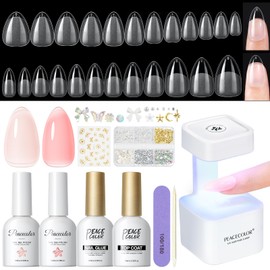 PEACECOLOR Gel Nail Kit Widened Short Medium Almond, 240Pcs Natural False Nail Tips with Portable Nail Lamp, Glue Nude Pink Jelly Nail Gel Polish Top Coat Nail Extension Home Salon DIY