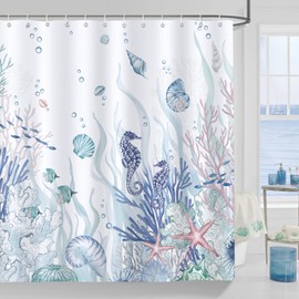 Bonhause Nautical Coastal Shower Curtain, Ocean Themed Coral Seahorse Seashell Starfish Beach Bathroom Decor 72x84 Inch Polyester Fabric Waterproof Bath Curtain with 12 Hooks