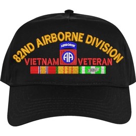82nd Airborne Division Vietnam Veteran Made in The USA High Profile Black Embroidered Cap with Ribbons