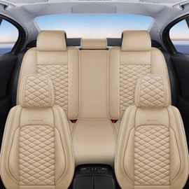 GEEMAYTEK Beige Car Seat Covers Front Seat,Leather Seat Covers for Cars,Automotive Seat Protector with Storage Pockets,Anti-Slip Universal Seat Cover for Most Sedans SUV Pick-up Truck (Beige)
