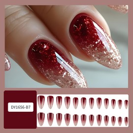 Wine Red Gradient Press on Nails Almond Glitter Powder False Nails Glitter Powder Sequins Design Full Cover Coffin Nails Artificial Stick on Nails Medium Acrylic Nails DIYGlue on Nails for Women