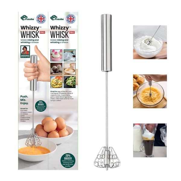 Piranha Whizzy Whisk Pro Steel - Effortless Whisking. Mini Manual Whisk! Achieve Perfect Results with this Mini Hand Whisk - Compact, Convenient, and Efficient Hand Push Whisk Design (Stainless Stee))