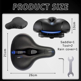 Comfortable Bicycle Saddle, Gel Bicycle Seat, Wide, Soft, Breathable, Shock-Absorbing, Ergonomic Bicycle Saddle with Waterproof Cover, Installation Tools, 26 x 21.5 cm, Blue