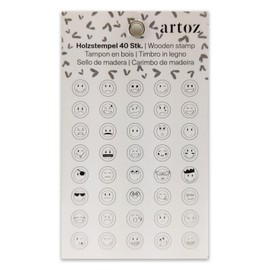 Artoz Stamp Set - Wooden Stamps - Smiley - 40 Pieces - 20 x 28 mm - Mini Stamp - Motif Stamps for Crafts for Invitations, Greeting Cards or Embellishments