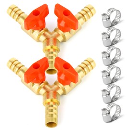 GASHER 2PCS 3 Way Shut Off Ball Valve, 5/16" Hose Barb 2 Switch Brass Y Shaped Valve with 6 Hose Clamps
