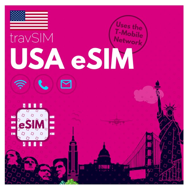 travSIM USA eSIM T-Mobile Network 50GB Mobile Data at 4G/5G Speeds e-SIM USA Offers Unlimited National Calls & SMS E SIM Card USA 30 Days