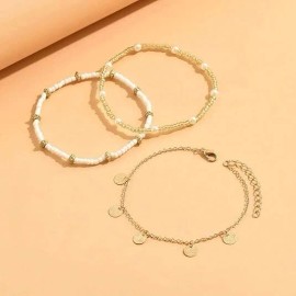 Qceasiy 3 pcs Shell Ankle Bracelet Set for Women, Gold Boho Bead Adjustable Anklet