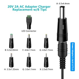 20V 2A AC DC Power Supply Adapter 20 Volts 2 Amps US Wall Charger, DC Plug 5.5x2.1mm & 2.5mm for 20volt 0.5A 0.8A 1A 2A, 500mA 800mA 1000mA 2000mA Equipment with 8 Tips ac dc adapter 100-240v, 50/60hz