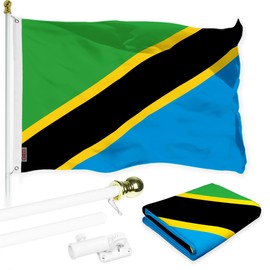 G128 Combo Pack: 6 Ft Aluminum Spinning Flagpole (White) & Tanzania Tanzanian Flag 3x5 Ft, LiteWeave Pro Series Printed 150D Polyester | Pole with Flag Included