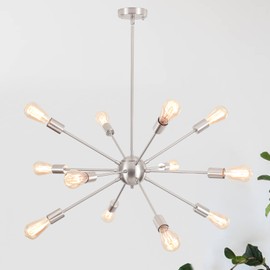 Modern Chandelier Light Fixture, 12-Light Brushed Nickel Sputnik Chandelier, Mid Century Industrial Sputnik Light Fixture for Dining Room Living Room Kitchen Hallway Foyer Bedroom, Height Adjustable