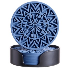 Hoomey Set of 6 Navy Silicone Coasters with Holder, Drink Coasters with Tribal Pattern Shape- for Table Protection, Anti Slip, Nonstick, Heat Resistant, Deep Tray