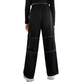EXARUS Girls Wide Leg Cargo Pants Teen Baggy Black High Waist Adujstable Elastic Youth Loose Trouser with Pockets Size 14Y