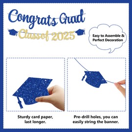 GINFTBRZGV Blue and Gold Graduation Banner 2025, Congrats Grad Class of 2025, 10pcs Set, Indoor/Outdoor, Standard Banner, Wall Mount
