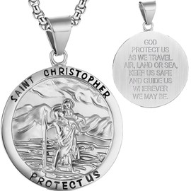 JUNOVUROS 2 Sizes Round St. Christopher Pendant Necklace for Men Women Engraved Style Protection Medal Religious Jewelry Gift, Gold/Silver
