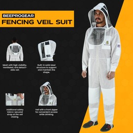 BeeProGear 3-layer Ultra Ventilated Mesh Bee Suit for Beekeepers |Fencing Veil Sting-Proof Beekeeping Suit with Leather gloves and bag (White, Medium)