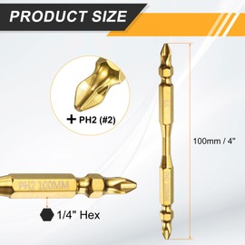 sourcing map 2pcs #2 Phillips Double Ended Screwdriver Bit PH2 1/4" Hex Shank 4" Magnetic Anti Slip Cross Head Drill Bits Titanium Coated K5 Steel Industrial Screw Driver Tools, Gold