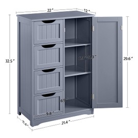 Yaheetech Bathroom Floor Cabinet, Freestanding Storage Organizer Unit Kitchen Cupboard W/ 4 Drawers & Adjustable Shelves, Using for Living Room/Kitchen/Bathroom, Gray