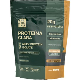 SP HUMANIA Proteína Clara Proteína Aislada de Suero (Whey Protein Isolate) Clarificada Sabor Tropical Mix Con Vitaminas B y C Fácil Disolución 10 porciones 250 g
