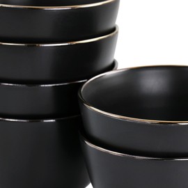 Elama Paul 6 Piece Stoneware Bowl Set in Matt Black with Gold Rim (Arthur Paul Bowl), 6 Piece Set