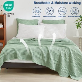 PHF 100% Cotton Waffle Weave Blanket Twin Size, Lightweight Washed Cotton Blanket for Spring & Summer - 66"x90" Aesthetic Soft Woven and Breathable Blanket for Bed Sofa Home Decor - Sage Green