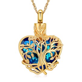 QGJNSGC Tree of Life Necklace Urn Necklace for Ashes Heart Cremation Jewelry for Women Men Crystal Ash Pendant Memorial Jewelry with Funnel Filler Jewelry Gifts, Stainless Steel