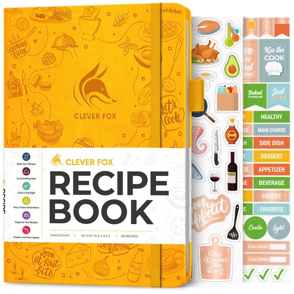 Clever Fox Recipe Book - Make Your Own Family Cookbook & Blank Recipe Notebook Organizer, Empty Cooking Journal to Write in Recipes, A5 Hardcover, Stores 60 Recipes - Amber Yellow