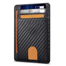 Billetera delgada minimalista de cuero con protección RFID para hombre y mujer, Tarjetero delgado elegante y moderno para oficina, negocios, viajes, tarjetero con textura de fibra de carbono negra