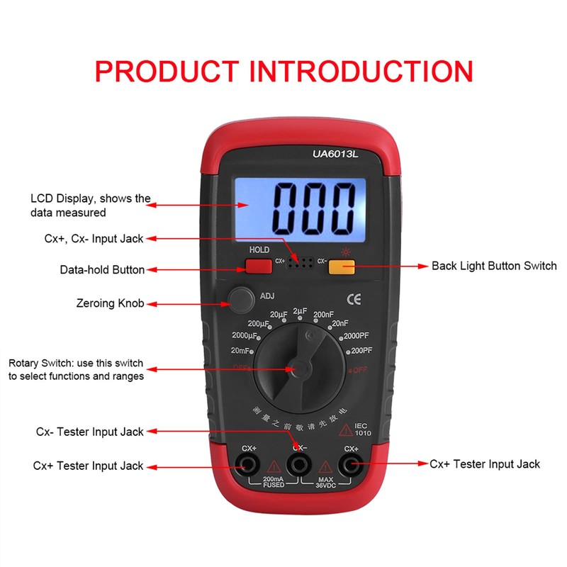 Digital Capacitance Meter, Multimeter Professional Capacitor Tester, 0.1pF-20,000uF Capacitor Tester,