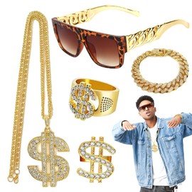 Hip Hop Rapper Costume Kit for Men Women, 5 PCS Dollar Sign Jewelry Set with Chain Necklace, Bracelet, Sunglasses - 80s/90s Punk Style Accessory
