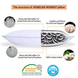 Homelike Moment Down Feather Pillows for Sleeping - 2 Pack Feather Bed Pillow Standard Size Pillows Set of 2 100% Cotton Fabirc 20x26 Inch