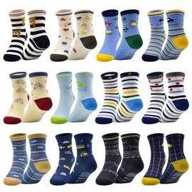 SkiBeaut 12 Pairs Kids Non Slip Skid Socks Colorful Grips Sticky Slippery Cotton Crew Socks for 5-7 Years Old Children Youth Boy Girl