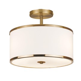 CALOKES Luxury Semi Flush Mount Ceiling Light, 3-Light Drum Lamp with Gold Brass Finish and Fabric Shade, Ideal for Bedroom, Kitchen, Dining Room, Hallway, Entryway, and Foyer, 12.6"