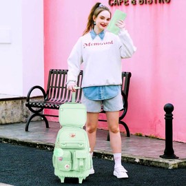 CCJPX Rolling Backpack for Girls Women, 21 inch Roller Wheels School Bookbag, Wheeled Suitcase Backpacks with Lunch Bag for Teen - Green