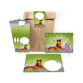 Minkocards 12 Invitation Cards for 8th Children's Birthday Girls Horse Invitation Eighth Birthday Including 12 Envelopes, 12 Party Bags / Natural, 12 Stickers