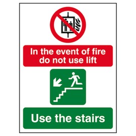 V Safety In The Event Of Fire Do Not Use Lift/Use The Stairs Left 150 x 200 mm - 2mm Super-Tough Rigid Plastic Safety Sign