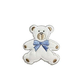Puffy Boy Bear, Blue Ribbon - Embroidered Iron on Patch