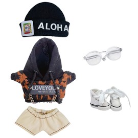 niannyyhouse 3.9 inches (10 cm) Plush Clothes Loose Leopard Pattern Suit Hat Hoodie Shorts Glasses Canvas Shoes Cotton Doll Accessories (Black+Brown)