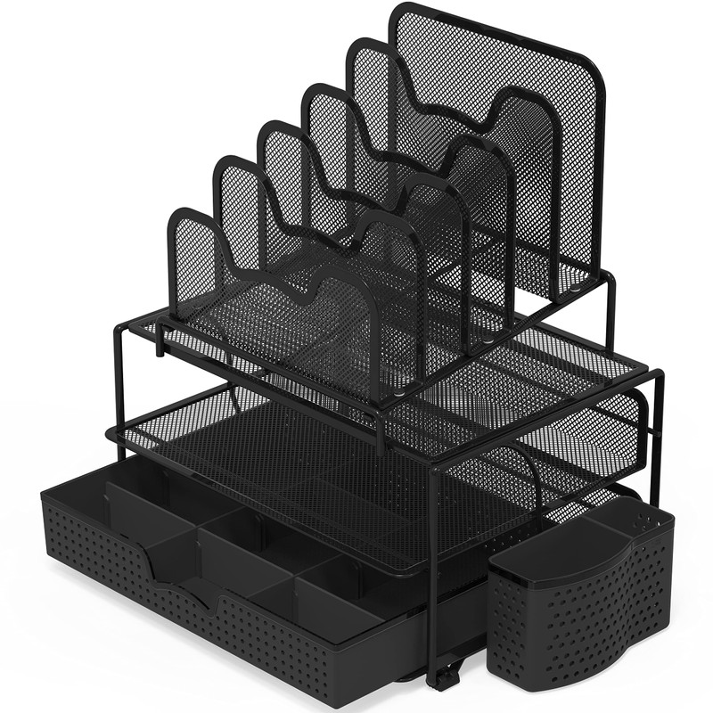 Simple Houseware Mesh Desk Organizer with Sliding Drawer, Double Tray