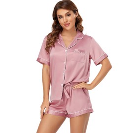 Serenedelicacy Women's Satin Pajama Set 2-Piece Sleepwear Loungewear Button Down Short Sleeve PJ Set (Medium, Bridal Rose)