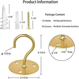 Ceiling Hooks for Hanging Plants - Metal Heavy Duty Wall Mounted Hangers for Hanging Bird Feeders, Planters, Wind Chimes, Include Professional Drywall Anchors (5 Pack) (Bright Gold)