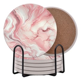 Pink Marble Round Coasters Set of 6 - Abosrbent Ceramic Coasters with Metal Stand for Drinks, Beer, Coffee, Non-Slip Cork Back for Tabletop Protection, 4 Inches (Pink 1)