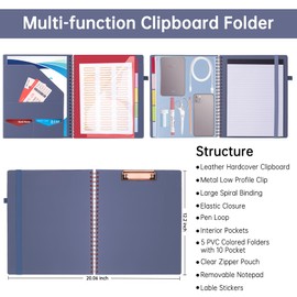 HAUTOCO Leather Clipboard Folio with Storage Zipper Pouch, Notepad, Business Card Holder, 5 Divider with 10 Pocket, File Folder Label, Pen Loop, Elastic Strap, Spiral Padfolio Clipboard, Purple Gray