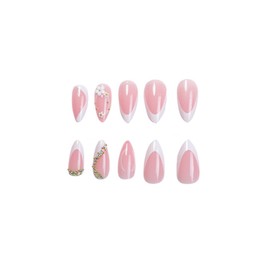 SINHOT Almond Press on Nails Medium - Daisy Flower Fake Nails Glossy Glue on Nails 3D Rhinestones Acrylic Nail White French Tip Stiletto Artificial Nail Art Stick on False Nails with Design DIY 24 pcs