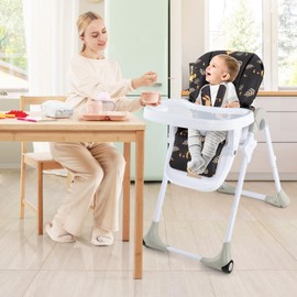 HONEY JOY Baby High Chair, Foldable Highchair for Babies and Toddlers, Adjustable Heights, Recline Backrest & Footrest, Detachable Tray & PU Seat, Portable Highchairs with Wheels (Leaf Black)