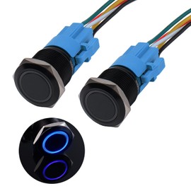 JIQI 2× 19mm Push Button Switch 12V to 24V 3A Waterproof Aluminum Alloy Momentary Switch IP66 1NO1NC Prewired Momentary Black Push Button with LED Light for Motorcycle Boat Truck RV (Blue)