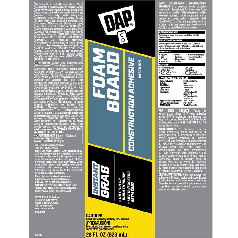 DAP Foamboard Construction Adhesive, White, 28 oz. (7079827529)
